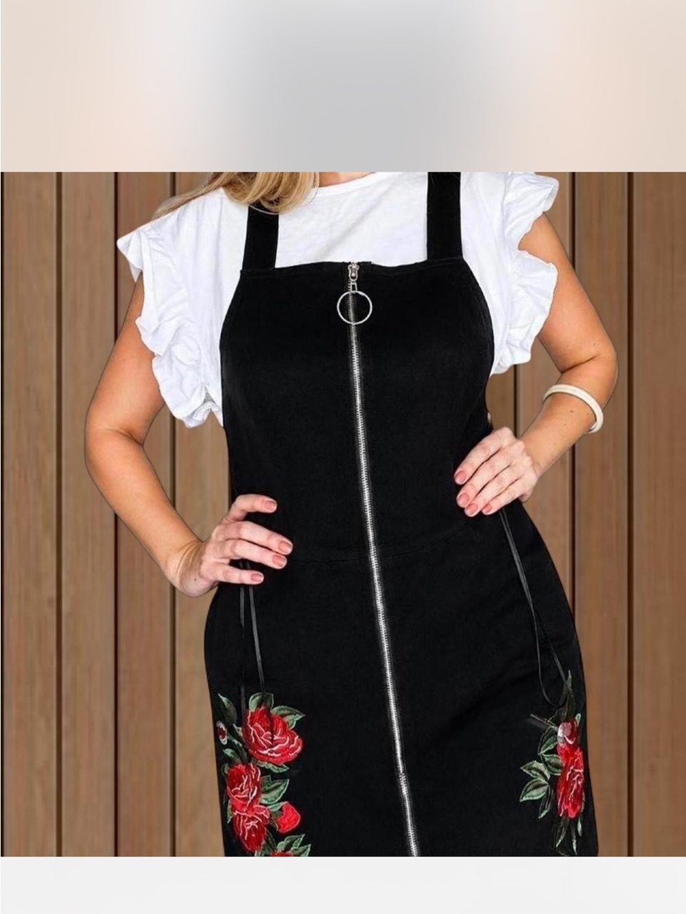 Mango Black Zip-Front Pinafore Dress with Red Rose Embroidery